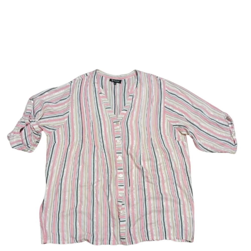 Womens Top Size 2X Pink Striped Coastal Button Up Casual Breezy Roll Tab Top